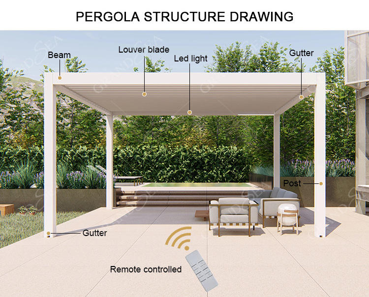 Attached aluminum pergola modern gazebo with adjustable roof louver pergola electrisch