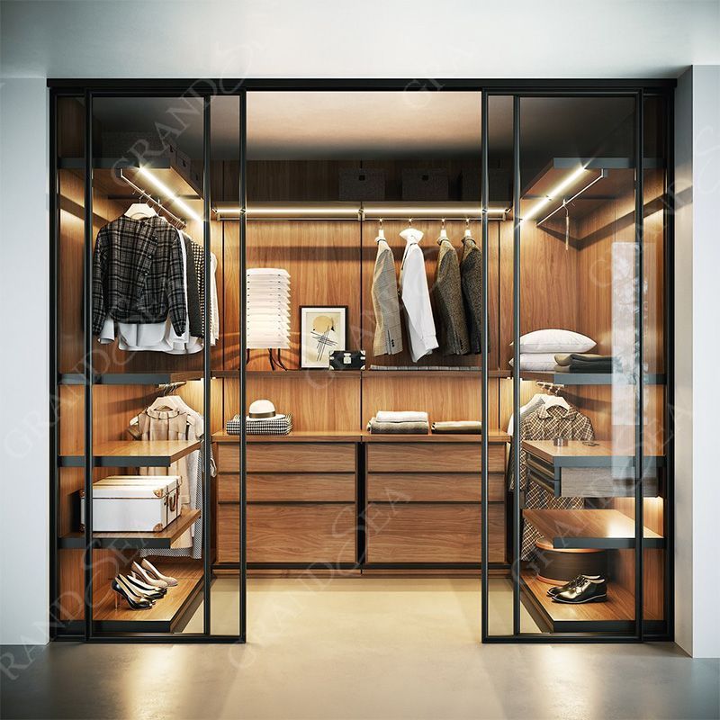 Factory Supply Professional Wardrobes Bedroom Closet Modern Design Glass Door Closet Led Lights Amoires