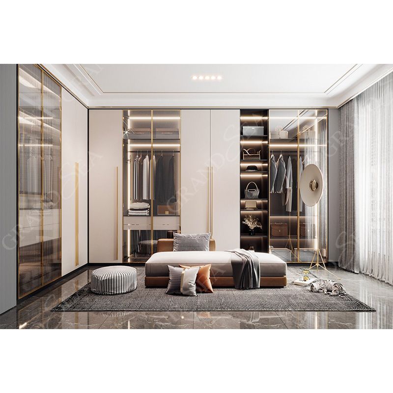 Luxury Bedroom Furniture Pole System Closet Glass Open Doors Walk In Wardrobe For Dressing Room