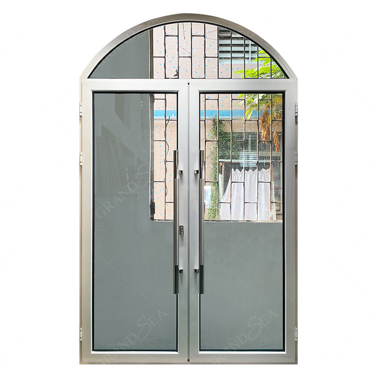 Balcony Entry Door Arches Shape Glass French Door Double White Framed Doors Glaze Tempered Glass