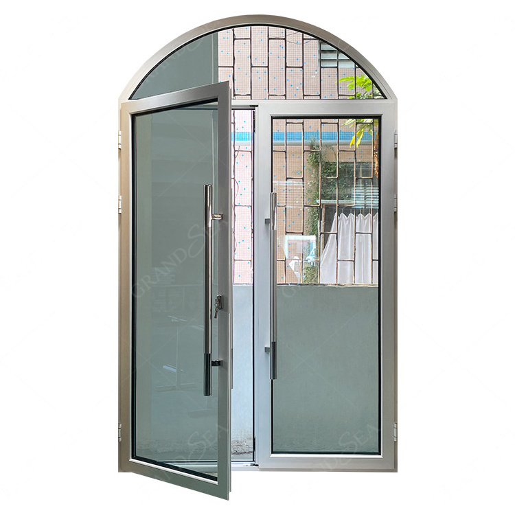 Balcony Entry Door Arches Shape Glass French Door Double White Framed Doors Glaze Tempered Glass