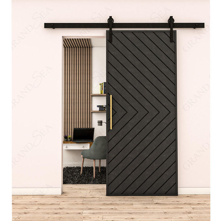 Chevron Arrow Pattern Composite MDF Solid Wood Black Interior Sliding Double Black Barn Door With Hardware Kit