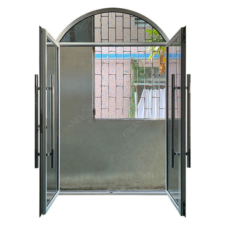 Balcony Entry Door Arches Shape Glass French Door Double White Framed Doors Glaze Tempered Glass