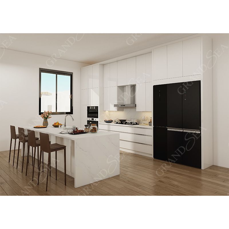 Customized Modern White PVC Lacquer European Style Bespoke Storage Kitchen Cabinet with Islands