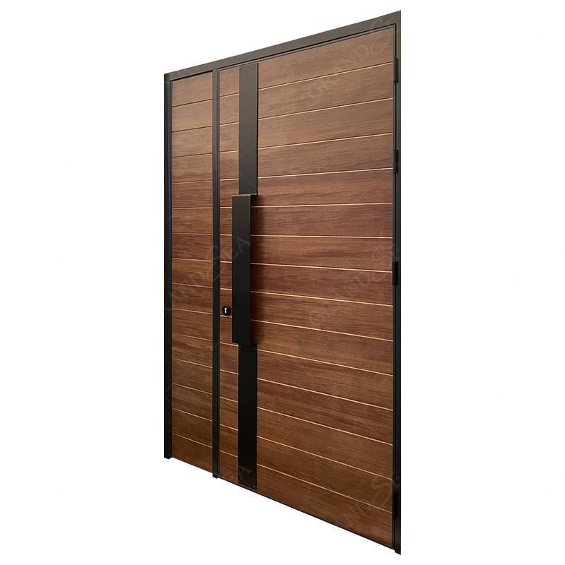 Factory cheap custom steel frame wooden prehung exterior door solid wood front door with side panel