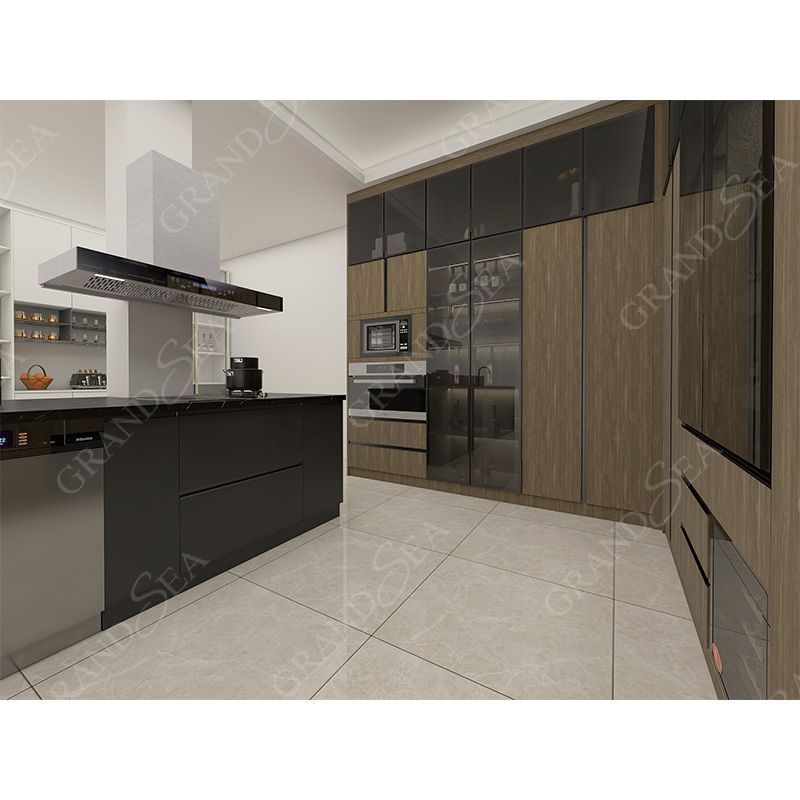 Cambodia Project Luxury Island Kitchen Cabinet Aluminium Profile Glass Hanging Cabinet for Kitchen