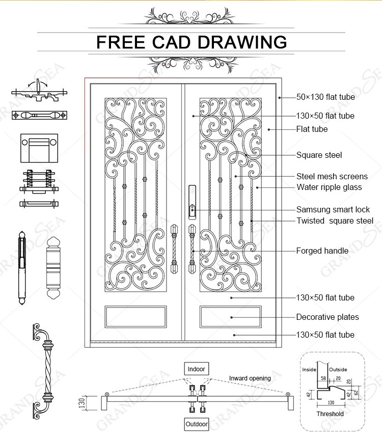 Factory High Quality Custom Home Entrance Wrought Iron Security Door Entry Double Open Cast Iron Door