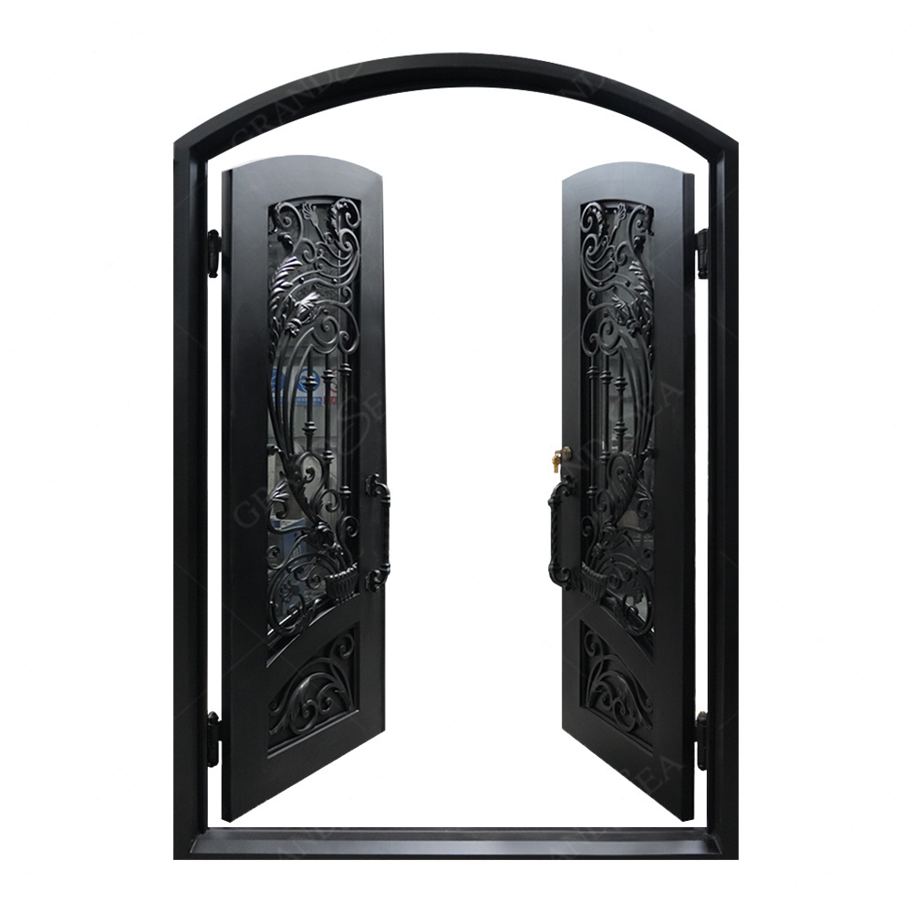 Grandsea Hot Selling Wholesale Price Cast Iron Garden Door Design Safe Double Opening Glass Wrought Iron Door Pivot Door