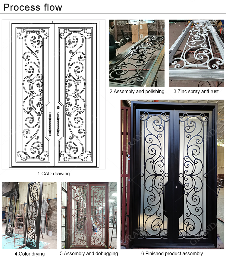 Factory High Quality Custom Home Entrance Wrought Iron Security Door Entry Double Open Cast Iron Door