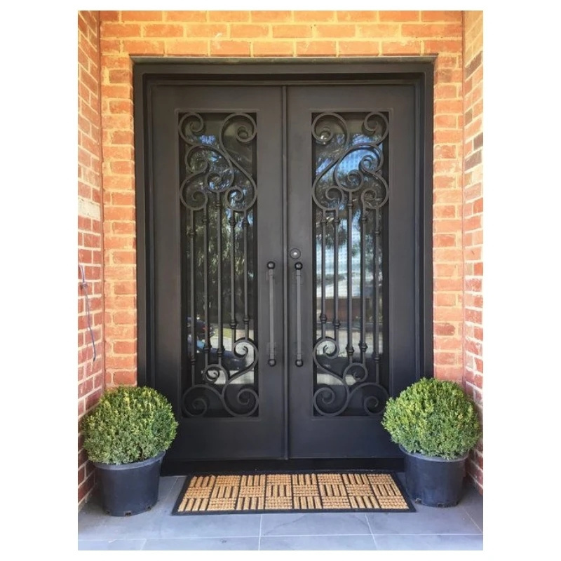 High Quality Home Entrance Cast Iron Main Door Black Design Wrought Iron Glass Door Smart Lock