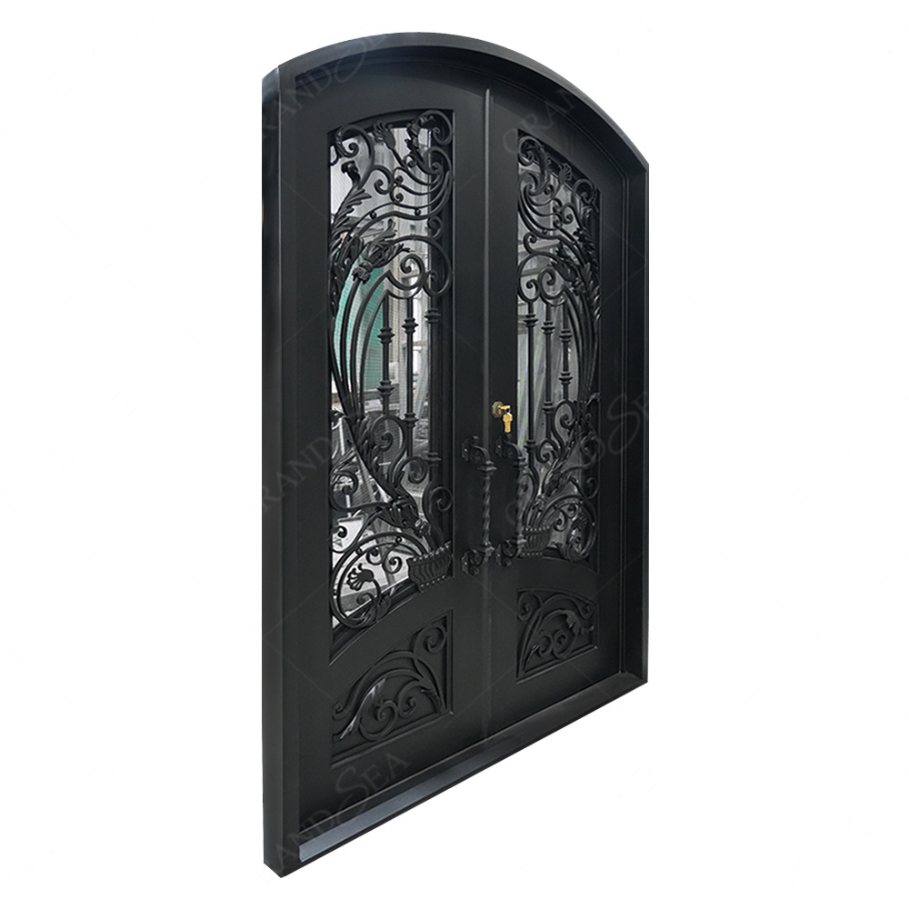 Grandsea Hot Selling Wholesale Price Cast Iron Garden Door Design Safe Double Opening Glass Wrought Iron Door Pivot Door