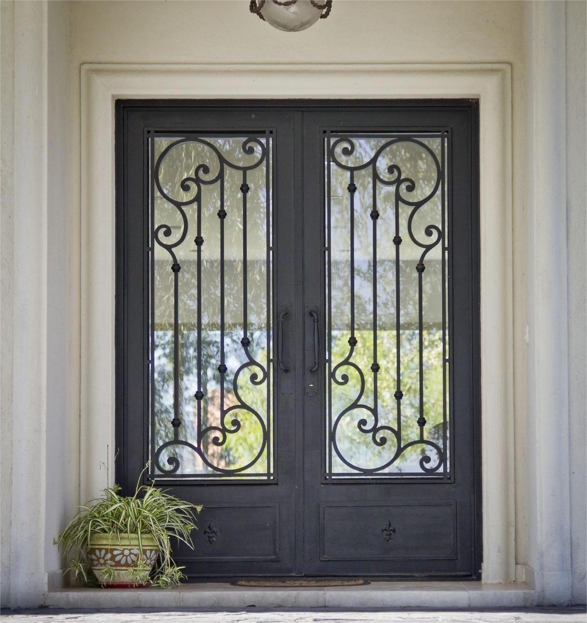 High Quality Home Entrance Cast Iron Main Door Black Design Wrought Iron Glass Door Smart Lock