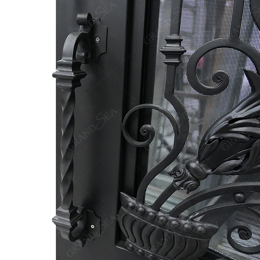 Grandsea Hot Selling Wholesale Price Cast Iron Garden Door Design Safe Double Opening Glass Wrought Iron Door Pivot Door