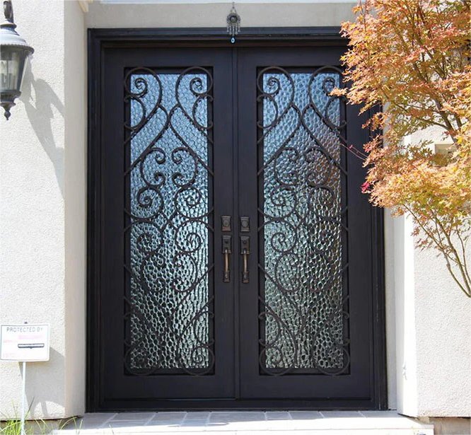 High Quality Home Entrance Cast Iron Main Door Black Design Wrought Iron Glass Door Smart Lock