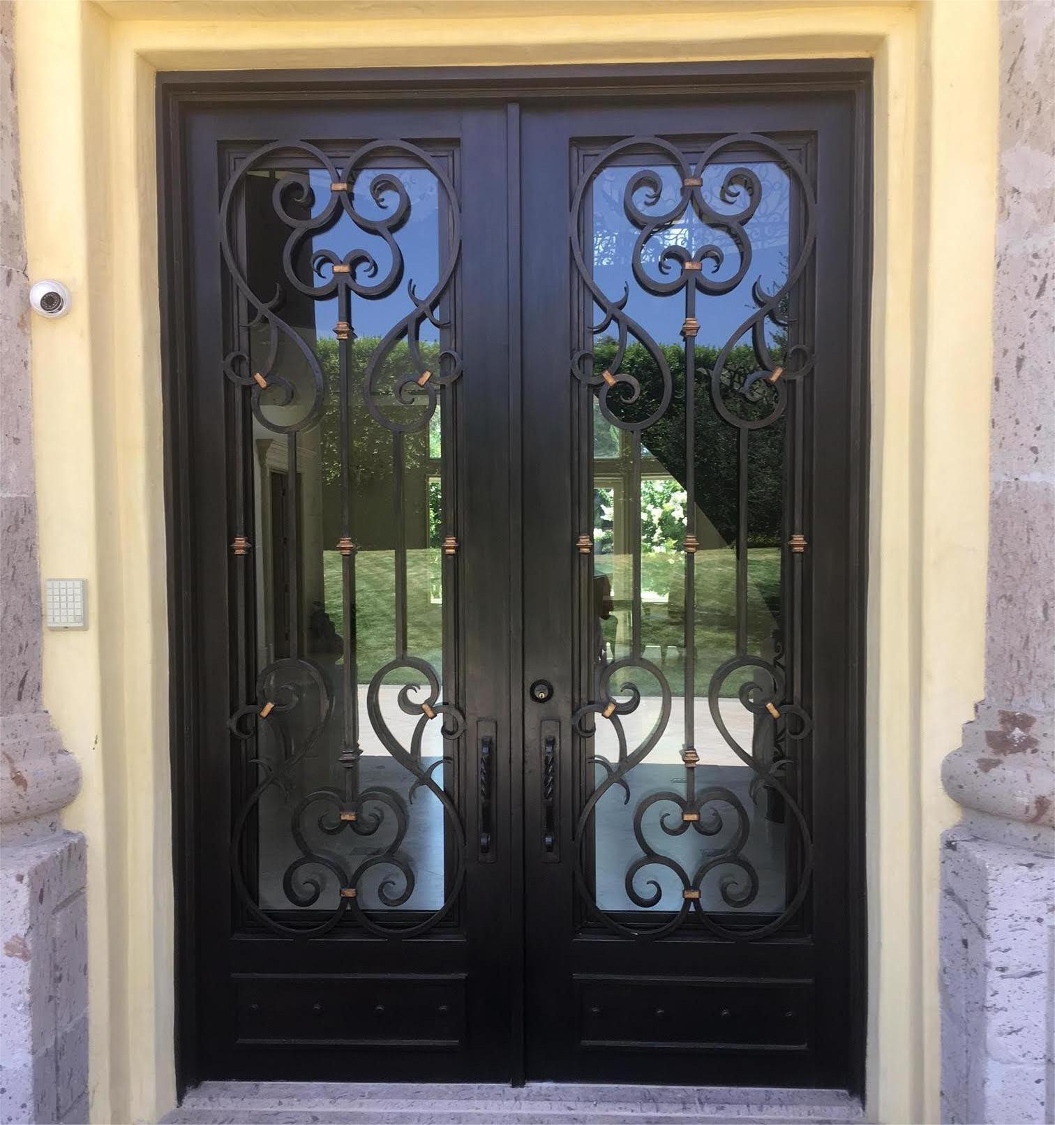 High Quality Home Entrance Cast Iron Main Door Black Design Wrought Iron Glass Door Smart Lock