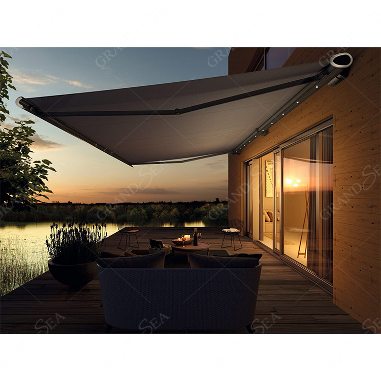 Hot Sale outdoor house shade back porch and garage awning with LED lighting Heavy duty aluminum retractable awning