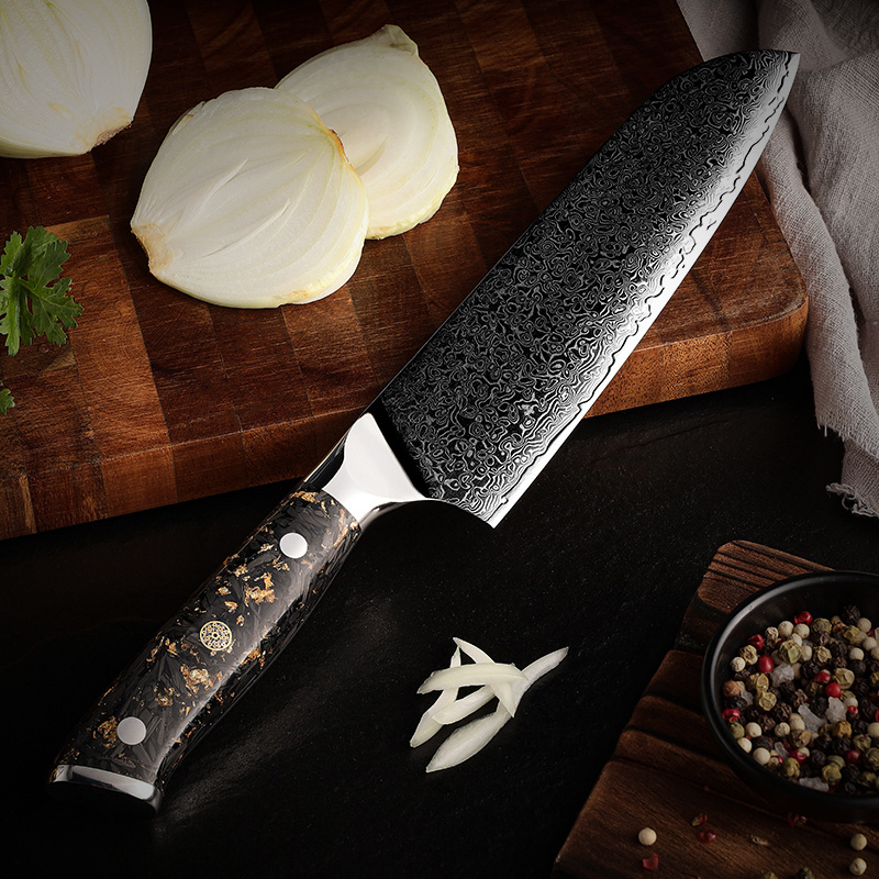 Premium Japanese 67 Layers Damascus Steel Kitchen Santoku Chef Knife with Carbon Fiber and Gold Foil Decoration Resin Handle