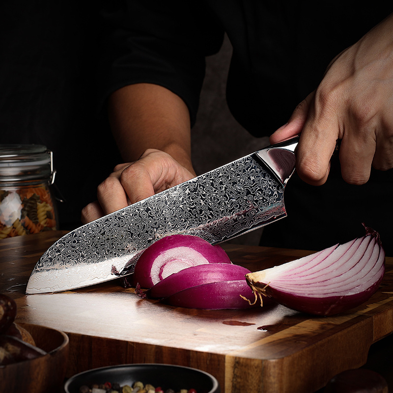 Premium Japanese 67 Layers Damascus Steel Kitchen Santoku Chef Knife with Carbon Fiber and Gold Foil Decoration Resin Handle