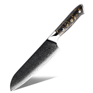 Premium Japanese 67 Layers Damascus Steel Kitchen Santoku Chef Knife with Carbon Fiber and Gold Foil Decoration Resin Handle