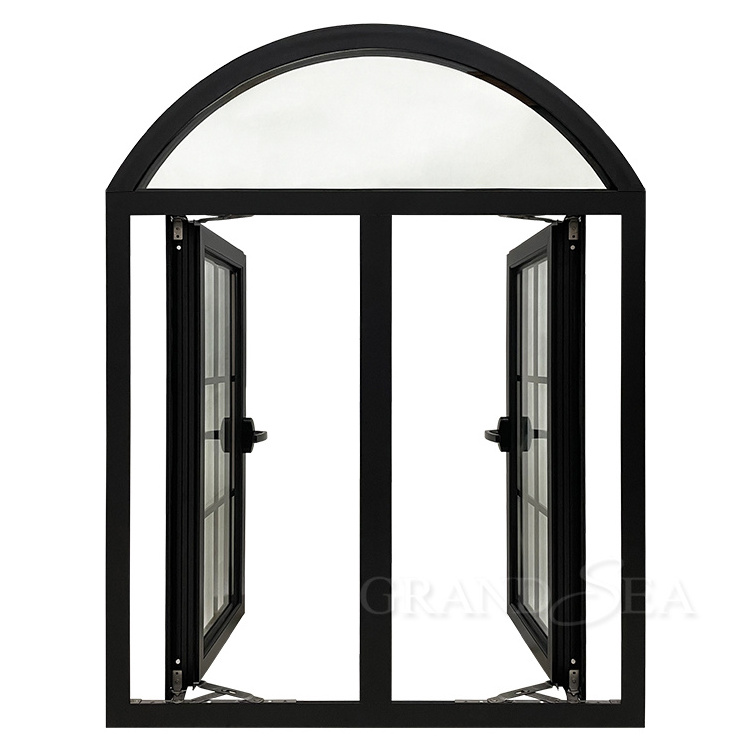 French casement black aluminium and glass arch swing windows