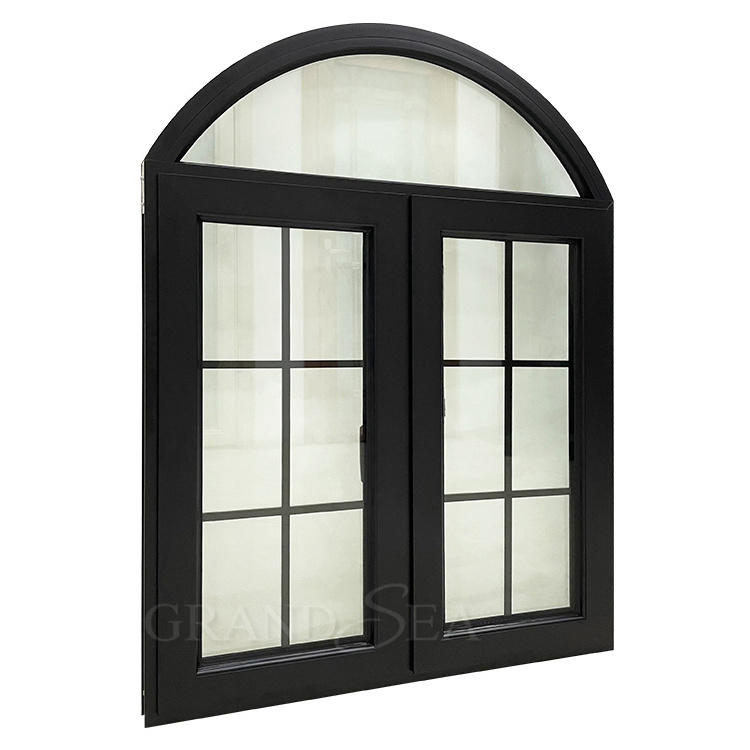 French casement black aluminium and glass arch swing windows