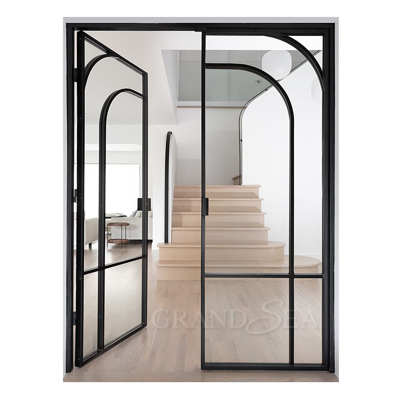 French Black Balcony Patio Door Wrought Iron Swing Front Door Steel Glass Windows and Fiberglass Doors