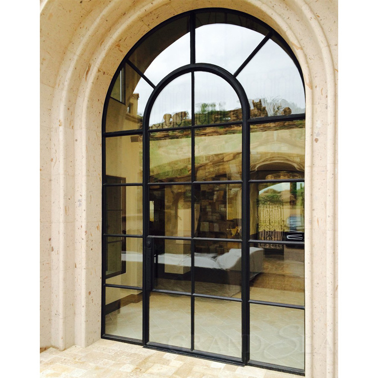 French Black Balcony Patio Door Wrought Iron Swing Front Door Steel Glass Windows and Fiberglass Doors