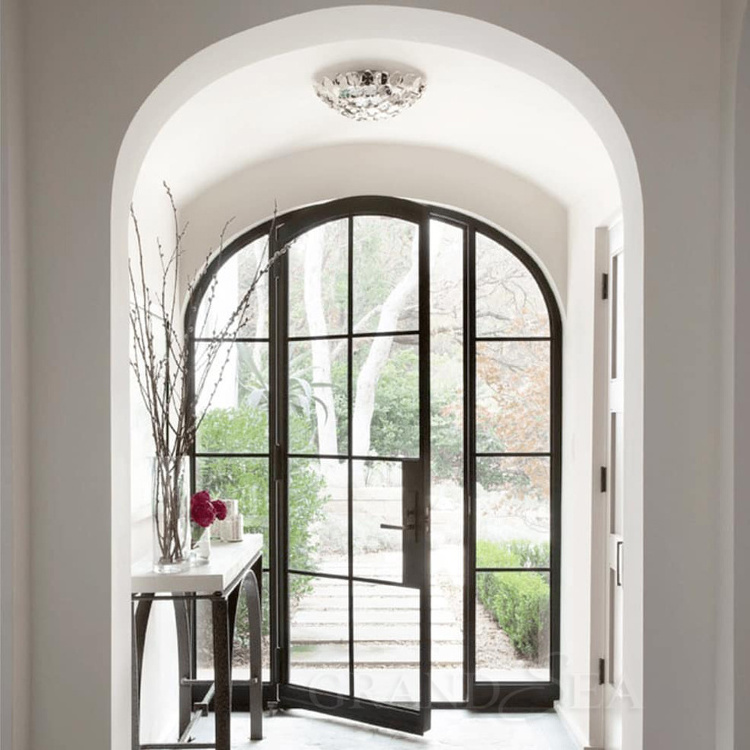 French Black Balcony Patio Door Wrought Iron Swing Front Door Steel Glass Windows and Fiberglass Doors