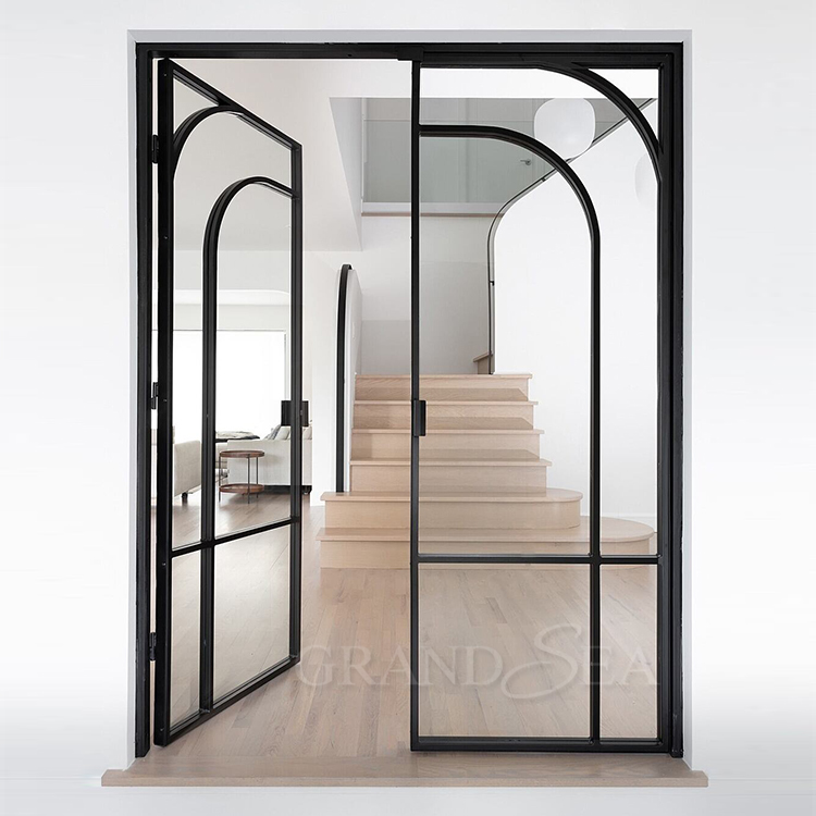 French Black Balcony Patio Door Wrought Iron Swing Front Door Steel Glass Windows and Fiberglass Doors