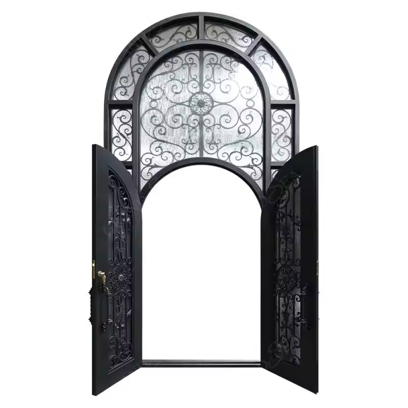 Castle Palace Manor Classical Latest Design American Arch Retro Entry Main Front Double Wrought Iron Door