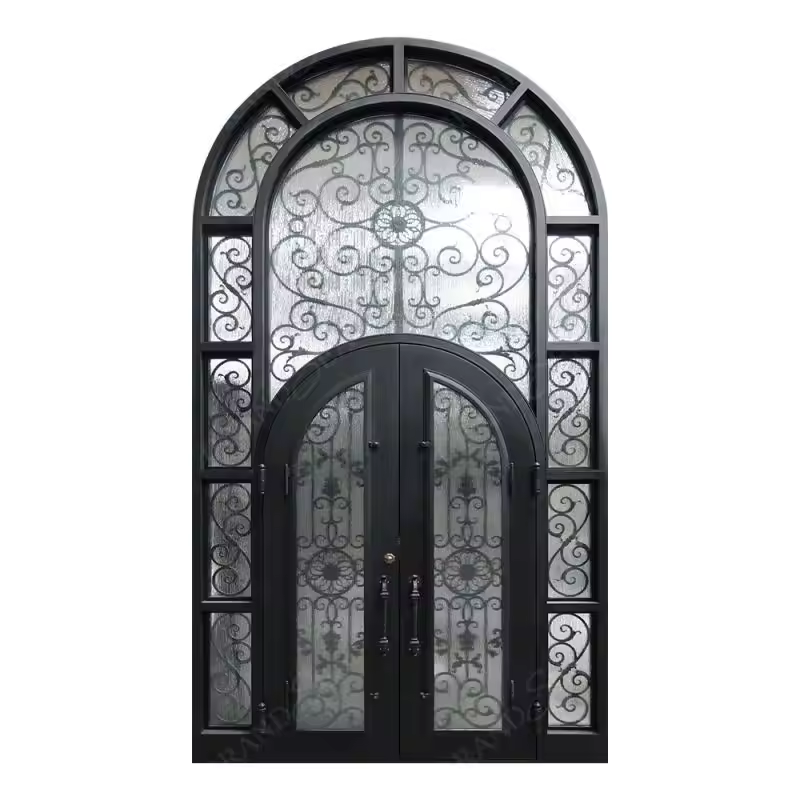 Castle Palace Manor Classical Latest Design American Arch Retro Entry Main Front Double Wrought Iron Door