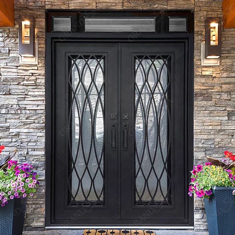 House Front door Double Main Door Grill Design With Sidelight Screen Metal Hand Forged Main Wrought iron door