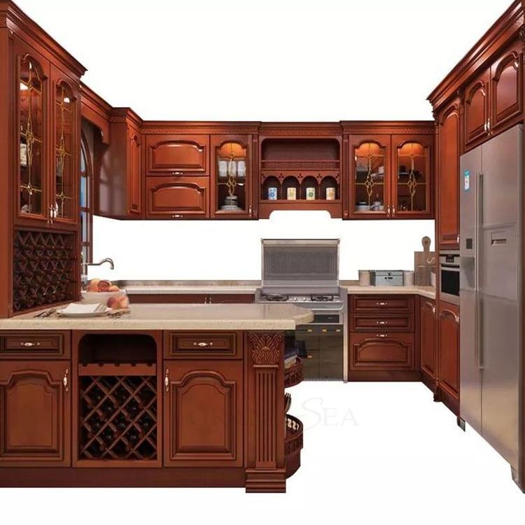 Luxury wine red modular cherry wood kitchen cabinet china modern kitchen cabinet design