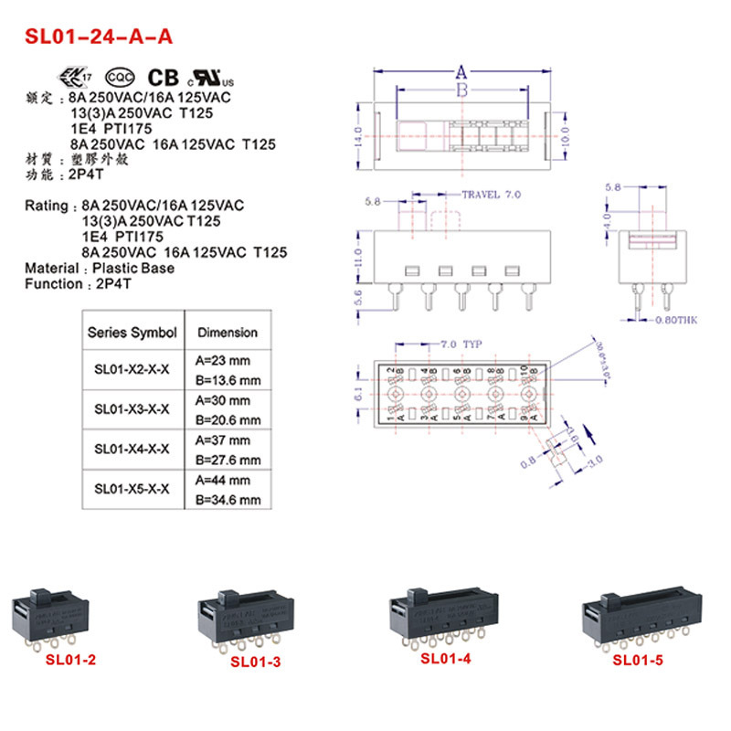 Zing Ear T125 2P4T 1E4 Sliding 8 Position 4 way Mini Dip Slide Switch for Home Appliances