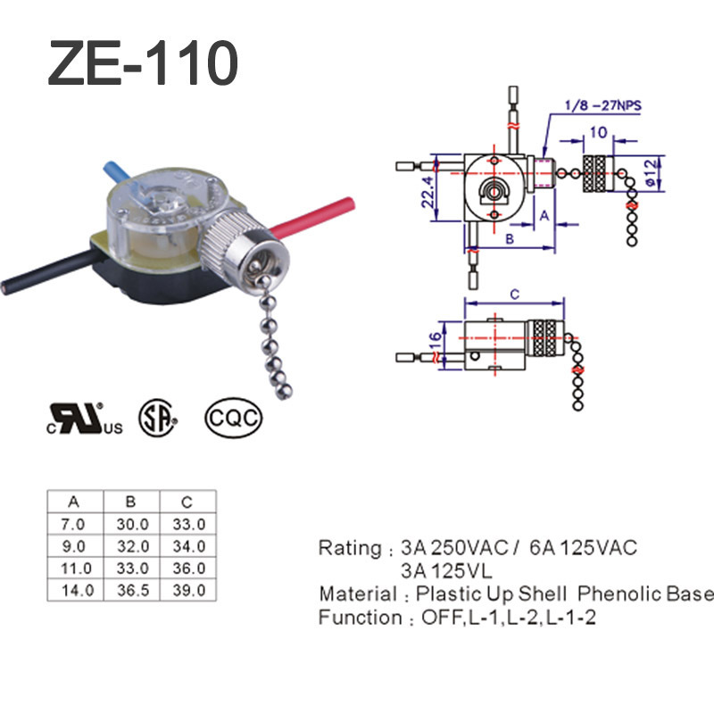 Zing Ear ZE-110 1A 3A 6A 125V 250V Ceiling Fan Pull Cord Chain Switch