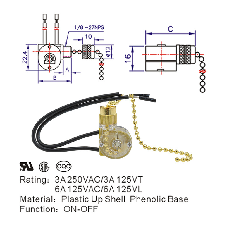 Zing Ear ZE-109 on/off Hunter Ceiling Fan Reversing Pull Cord Light Small Pull Chain Switch