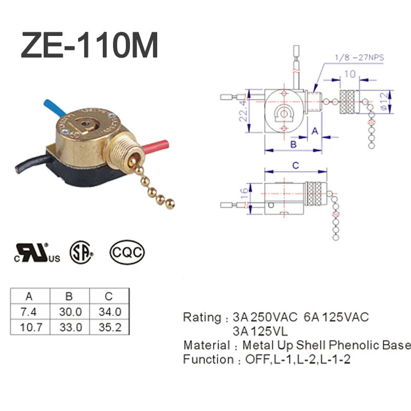 Zing Ear ZE-110 1A 3A 6A 125V 250V Ceiling Fan Pull Cord Chain Switch