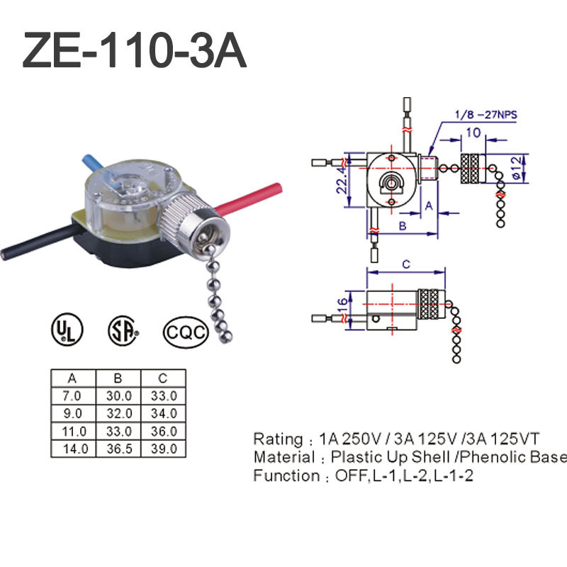 Zing Ear ZE-110 1A 3A 6A 125V 250V Ceiling Fan Pull Cord Chain Switch