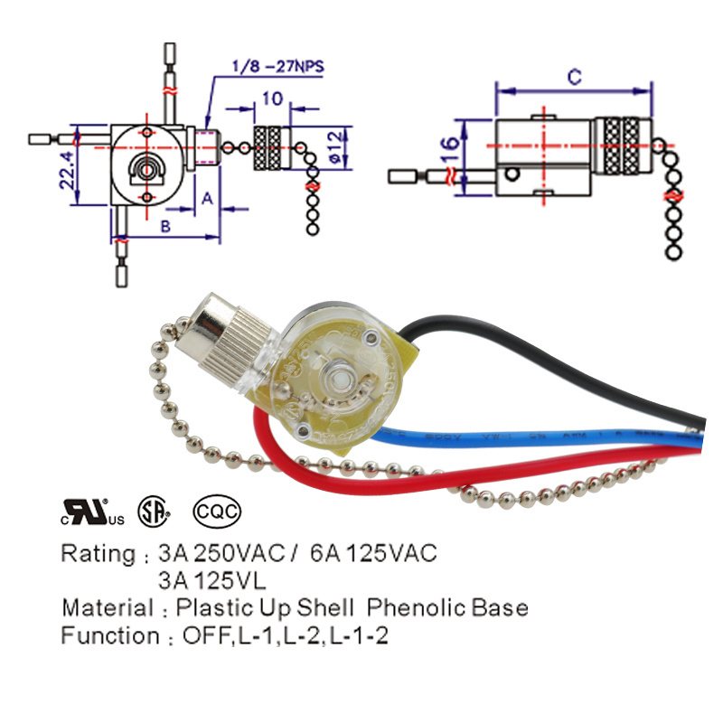 Zing Ear Ceiling Fan Speed Control Pull Chain Switch 3A 250V 6A 125VAC