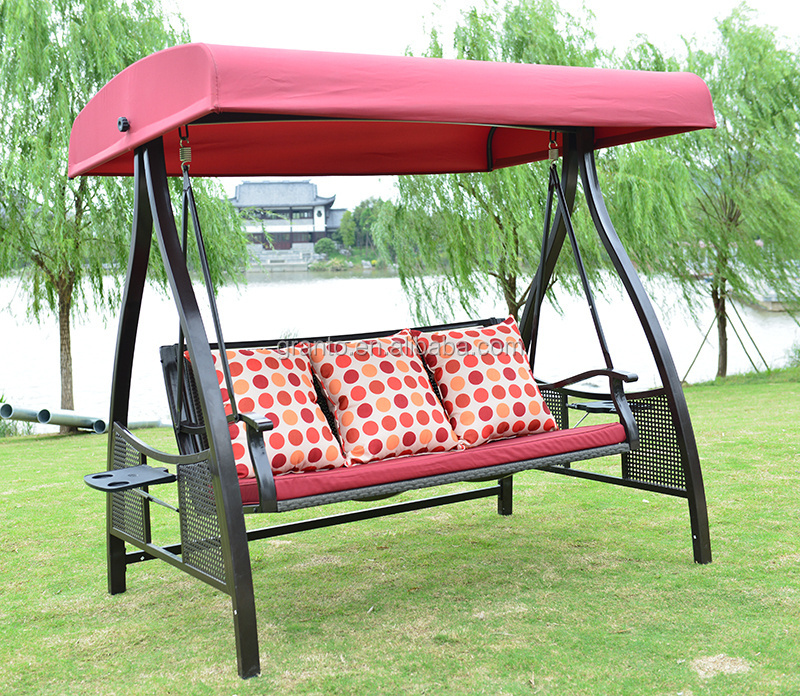 Convenient style outdoor rattan swing chair metal frame three seat swing