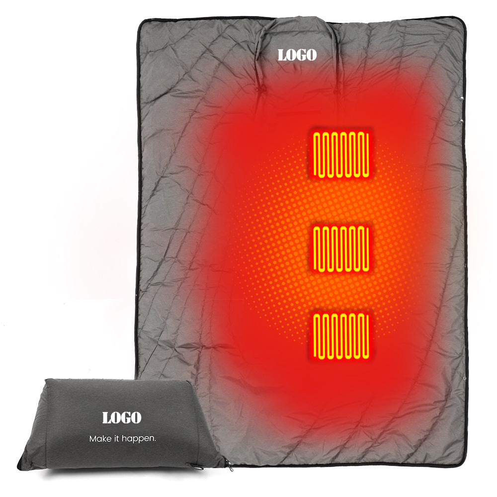 12V Outdoor Use USB Fast Heat 3 Heating Levels Battery Electric Heated Puffy Blanket with Double-Layer Flannel