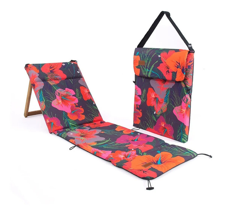 Wholesale Red Flowers Pattern Outdoor Chair Adjustable Height Foldable Wooden Beach Chair with Straps