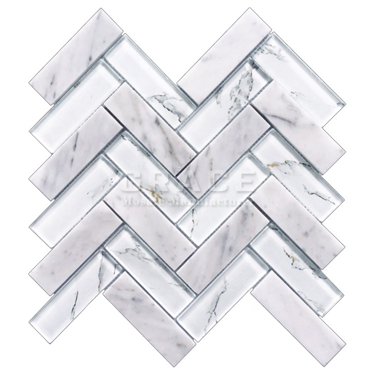 Herringbone Glass Stone Peel and Stick Mosaic Tile Backsplash