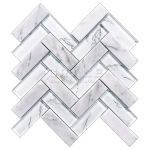 Herringbone Glass Stone Peel and Stick Mosaic Tile Backsplash