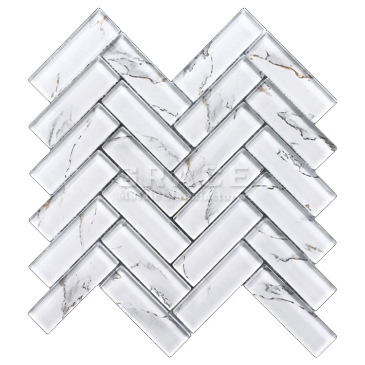 Herringbone Glass Stone Peel and Stick Mosaic Tile Backsplash