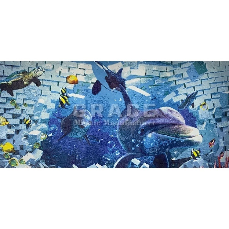 3d glass mural mosaic tile swimming pool wall art blue sea dolphin bathroom backsplash decoration