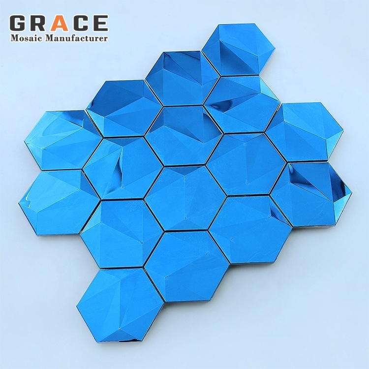 Blue 3D Hexagon Decorative Tile Stainless Steel Metal Mosaic Tile Wall Decorative