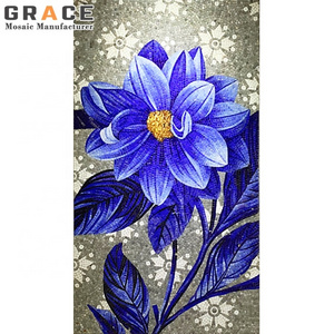 Blue Lily Flower Pattern Design Colored Ice Jade Glass Mosaic Puzzle Tile Decals Ornament Room Decoration Wall Mosaic Mural Art