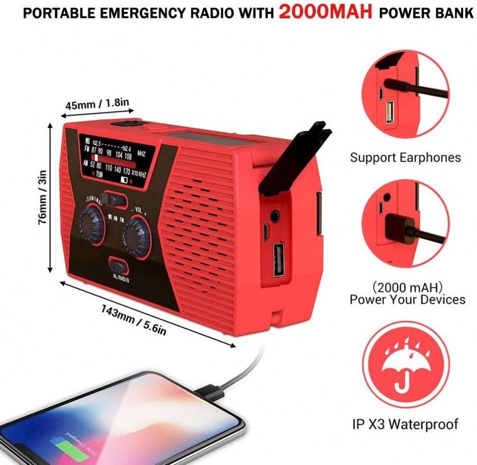 Radio Kurbel Notfall Multifunktionales Radio, Wiederaufladbar 2000 mAh AM FM Notfallradio Kurbelradio LED Taschenlampe Handy