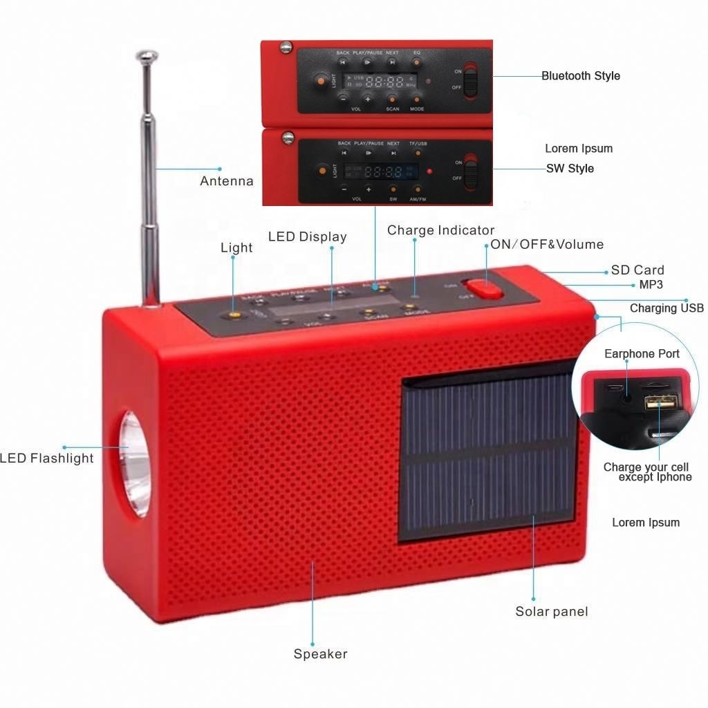 solar crank dynamo radio with USB / TF  card MP3 player & flashlight 2000mah power bank